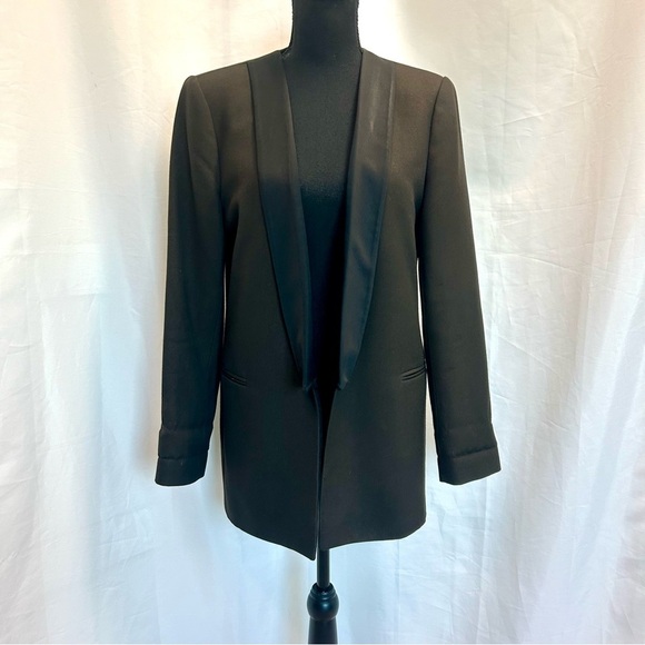 Zara dark brown textured black satin lapel collar open front tuxedo blazer Sz L - Picture 4 of 13